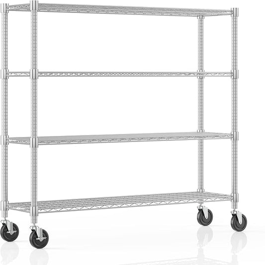 Homdox Heavy Duty Metal Shelves for Storage, 4 Tier Storage Racks and Shelving, Commercial Adjustable Wire Shelving Unit on Wheels, Garage Rack Pantry Shelves Kitchen Shelving, 18"x60"x72", Chrome