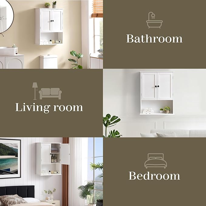 Bathroom Wall Cabinet, White 30" x 24" Wood Wall Mounted Medicine Cabinet, Hanging Cabinet Over Toilet Storage Adjustable Shelves Cupboard with Large Space for Laundry Room, Bedroom Kitchen