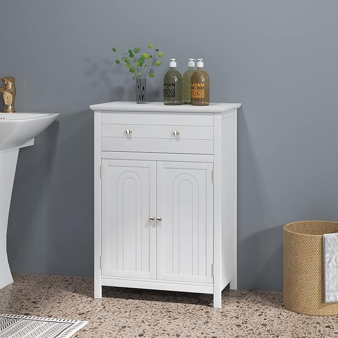 LOKO Bathroom Floor Cabinet, Kitchen Storage Cabinet with 1 Drawer, 2 Doors & 3-Position Adjustable Shelf, 2-Door Floor Storage Cabinet for Bathroom, Living Room, Entryway (White)