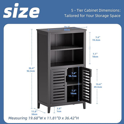 HITNET Black Bathroom Storage Cabinet, Freestanding Bamboo Floor Cabinet 5 Tier Tall Kitchen Cupboard with Door and Removable Shelves
