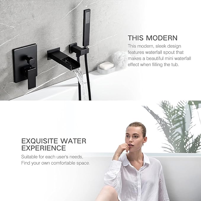 TapLong Matte Black Wall Mount Tub Filler Faucet Set with Hand Held Shower, Modern Bathtub Faucet with Waterfall Tub Spout Solid Brass Single Handle Shower Faucet Set with High Flow Rough in Valve