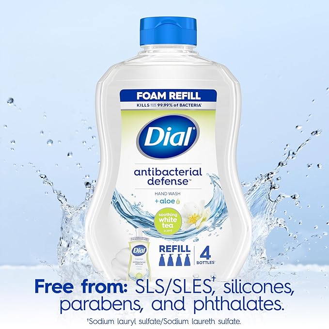 Dial Antibacterial Defense Foaming Hand Soap + Aloe, Soothing White Tea, 30 Fl Oz Hand Soap Refill (Pack of 4), Dermatologist-Tested, Gentle on Skin