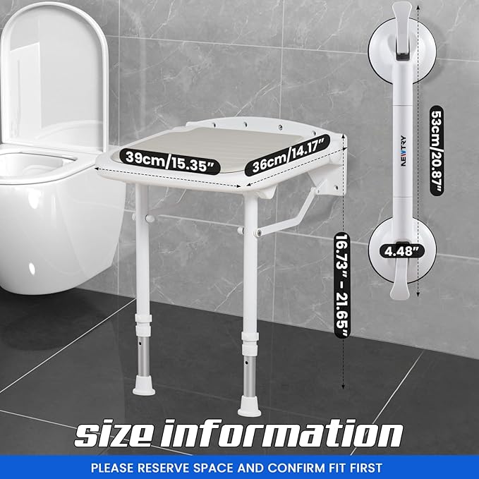 NEWTRY Wall Mounted Shower Seats with Bathroom Grab Bar, 550lb Support Adjustable Height 15.3" Foldable Shower Chair, Fold Down Shower Seat + Smart Suction Cup Handrail for Home Care & Bathroom