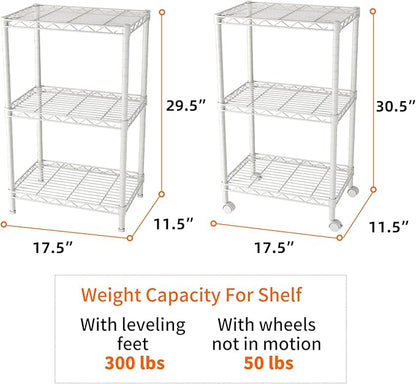 SINGAYE 3 Small Shelves Storage Shelf Wire Shelving Unit Metal Shelf Adjustable Organizers Storage Shelving with Wheels for Bathroom Laundry Room Kitchen Pantry