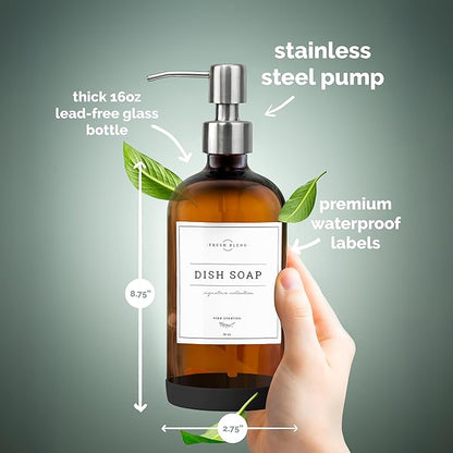 Vine Creations Amber Glass Soap Dispenser, 2 Pack Kitchen Soap Dispenser Set with Stainless Steel Pump, 16 oz Hand Soap or Dish Soap for Bathroom or Kitchen with Waterproof Labels