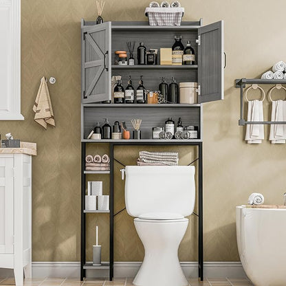 Vabches Over The Toilet Storage Cabinet, Farmhouse Storage Cabinet Over Toilet with Barn Doors & Toilet Paper Holder Stand，Home Space-Saving Toilet Rack, for Restroom/Laundry and Bathroom