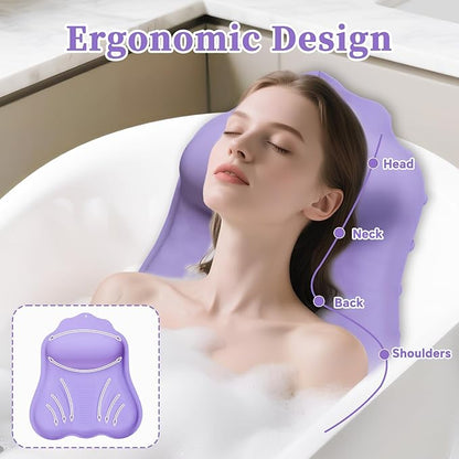 Silicone Bath Pillow for Tub Adults, 4D Air-Cushion Bathtub Pillow for Head Neck and Back Support, Non-Slip Suction Cups, Quick-Drying Waterproof Spa Pillow, Easy to Clean & Store，Purple
