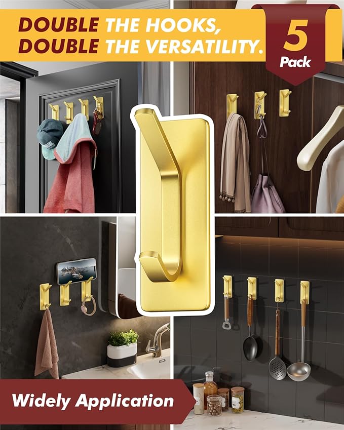 Auxmir 5 Pack Self Adhesive Hooks for Hanging 15lb, Wreath Hanger for Front Door, Stainless Steel Towel Hooks for Wall, Waterproof Rustproof Adehesive Coat Hooks for Bathroom Kitchen Office RV, Gold