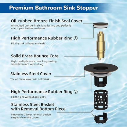 Hibbent 2 Pack 3 in 1 Bathroom Sink Drain Strainer, Pop Up Stopper with Removable Stainless Steel Filter Basket Hair Catcher, Sink Plug for 1.1''~2.36'' Basin, Brass Bullet Core, Oil Rubbed Bronze