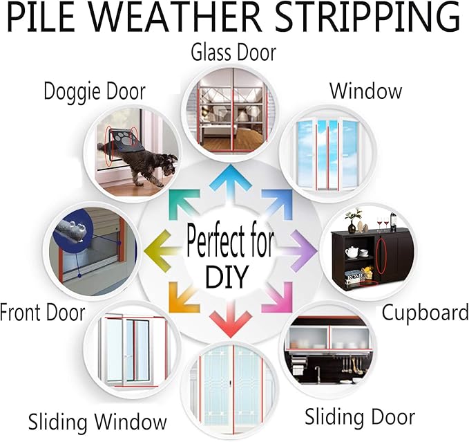 Weather Stripping Brush for Sliding Windows/Doors Frame Side,Pile Self Adhesive Weatherstrip Seal Strip Sealer Draft Stoppers (33ft x11/32 Backing x 3/16 Brush inch, Black)