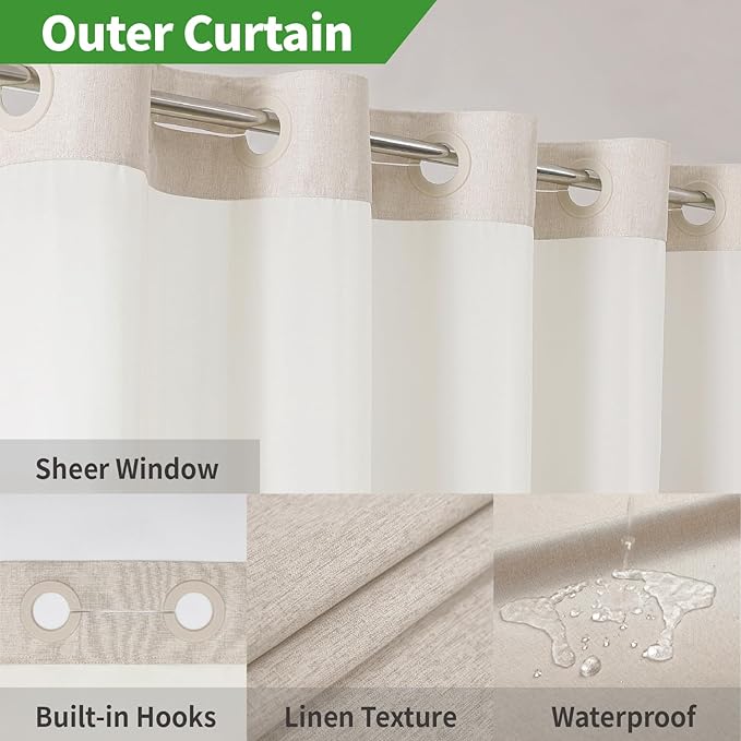 Stall No Hooks Needed Linen Textured Shower Curtain with Snap-in Fabric Liner Set,Hotel Luxury Decor Shower Curtains for Bathroom,Waterproof & Washable,54Wx80H,Cream
