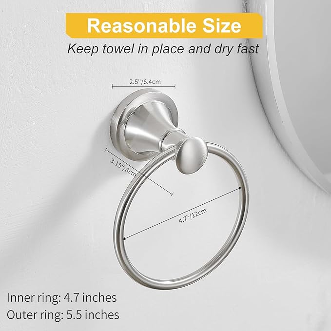 BESy Brushed Nickel Bathroom Hand Towel Ring Towel Holder, Rustproof Wall Mounted Bathroom Hardware Accessory SUS 304 Stainless Steel Towel Rack