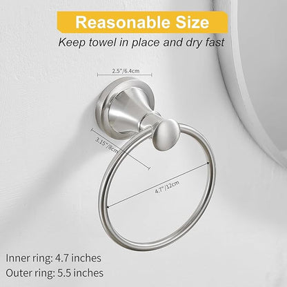 BESy Brushed Nickel Bathroom Hand Towel Ring Towel Holder, Rustproof Wall Mounted Bathroom Hardware Accessory SUS 304 Stainless Steel Towel Rack