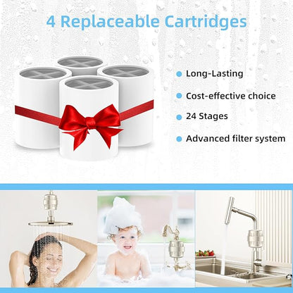 Shower Water Filter - 24 Stage Shower Filter Shower Head Filter for Hard Water with 4 Replaceable Filter Cartridges Protects Your Skin and Hair from Chlorine and Heavy Metals in Water, Brushed Nickel