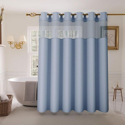 Inhousolu Long No Hook Shower Curtain with Snap in Fabric Liner Set Waffle Weave 230GSM Weighted Hem, Waterproof & Washable Bathroom Curtain Spa Luxury with Mesh Top Window 72"W x 78"L Moonlight Blue
