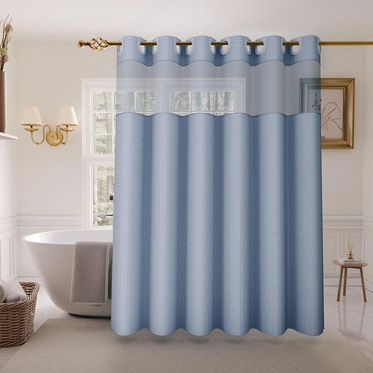 Inhousolu Long No Hook Shower Curtain with Snap in Fabric Liner Set Waffle Weave 230GSM Weighted Hem, Waterproof & Washable Bathroom Curtain Spa Luxury with Mesh Top Window 72"W x 78"L Moonlight Blue