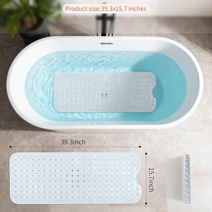 Anti-Slip Bathtub Shower mat, 39.3×15.7 inch（Approximately 100 × 40cm） Soft Oversized Machine Washable Non-Slip Bathtub mat with Drainage Holes, Bathroom Floor Suction Cup.（1-Clear White）