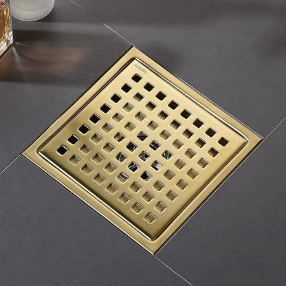 Square Shower Floor Drain Brushed Gold 6 Inch，Grille with Removable Cover,SUS304 Stainless Steel