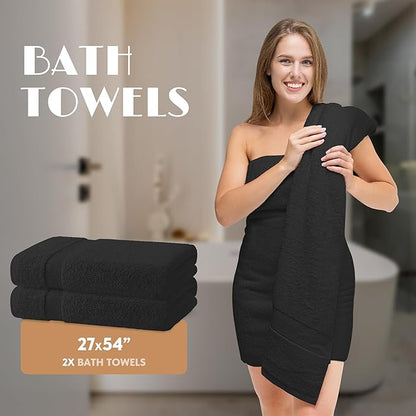 Black Bath Towel Set of 6 - 100% Cotton Highly Absorbent Towels for Bathroom, 2 Luxury Bath Towels 650GSM, 2 Hand Towels, 2 Washcloths