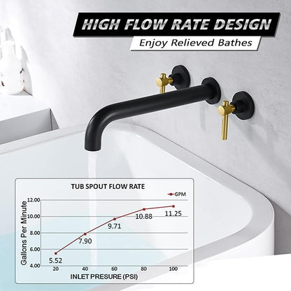 SUMERAIN Wall Mount Bathtub Faucet Set Long Spout Tub Filler High Flow Rate Black and Gold Finish