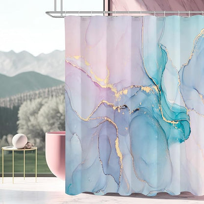 Gibelle Long Fabric Shower Curtain 72 x 78, Tall Abstract Marble Shower Curtain, Pink Turquoise Modern Ink Art Waterproof Fabric Shower Curtain Set with Hooks