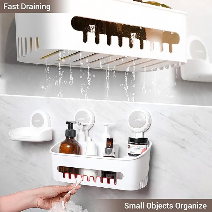 LUXEAR 3 Pack Shower Caddy Suction Cup Set - Shower Shelf, Soap Dish, Toothbrush Holder - White