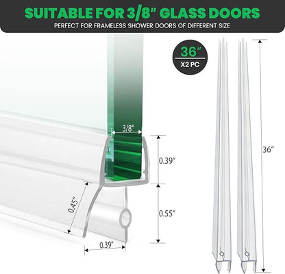 Bathroom Shower Door Seal Strip, 2PCS 36 Inch Shower Door Bottom Seal Strips, PVC Transparent Shower Door Seal Strip for 3/8"(10MM) Frameless Shower Door
