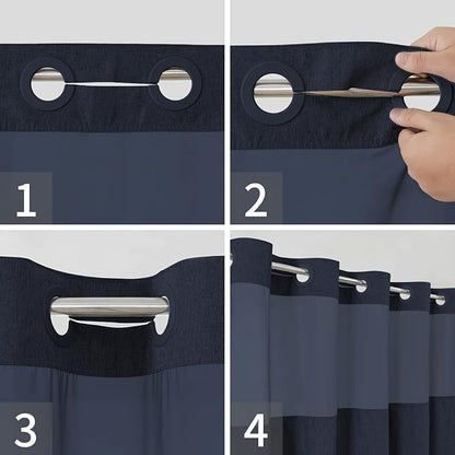Extra Long No Hooks Needed Linen Textured Shower Curtain with Snap-in Fabric Liner Set,White Hotel Luxury Decor Shower Curtains for Bathroom,Waterproof & Washable,71Wx86H,Navy Blue