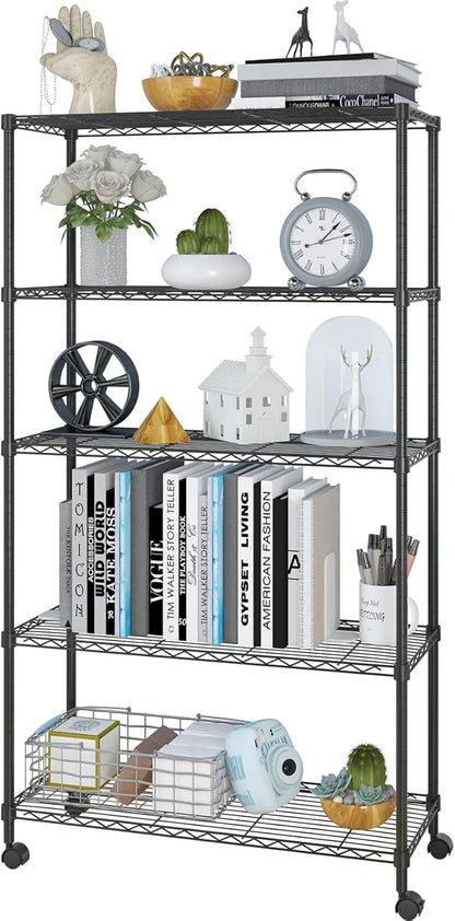 5 Tier Storage Racks Shelving, Heavy Steel Pantry Shelves, Adjustable Wire Shelving Rack with Wheels, Suitable for Garage, Kitchen, Bathroom, Office, 35" W x 14" D x 65" H, Black