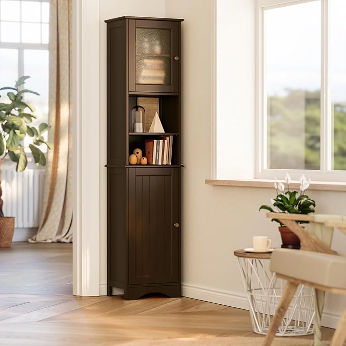 Gizoon Tall Bathroom Storage Tower, Freestanding Linen Cabinet with Two-Way Doors, Adjustable Shelves, Anti-Tip Floor Cabinet, for Home, Kitchen, Living Room, Dark Brown