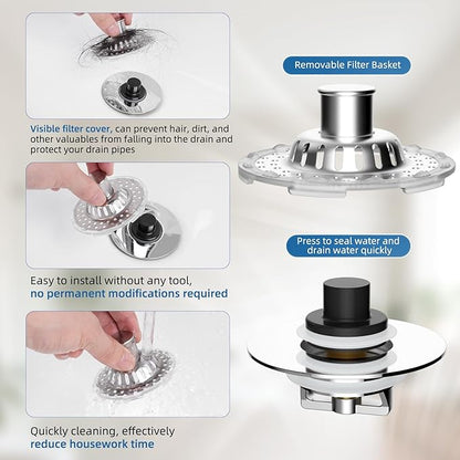 Universal Bathtub Drain Stopper Shower Drain Hair Catcher with Visible Top Strainer, Upgraded 3 in 1 Pop-up Tub Stopper Drain Plug Fit for 1.5 to 2.4" Hole, Stainless Steel Filter Basket