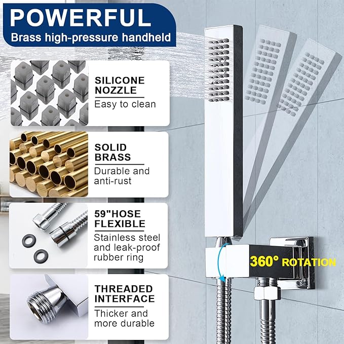 Thermostatic Shower System three Shower Heads with 16" Ceiling Mounted Rain Shower Head & 2 x 6" Wall Mounted Head 4 Function Full Body Shower System Can All Run Together, Chrome