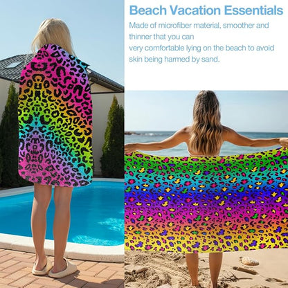 4 Pack Towels for Bathroom, Beach Towel, Microfiber Lightweight Beach Towels Oversized, Towel Accessories for Christmas Halloween Favors Travel 32x71 IN, Rainbow Leopard Colorful Neon Cheetah Print