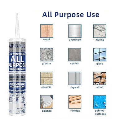 Clear Silicone Sealant, All-Purpose 100% Waterproof Silicone Caulk, Adhesive Caulking Tool for Indoor & Outdoor Windows, Aquarium, Bathroom Auto Leak Seal, 10.1 oz Cartridge, 1 Packs (1)