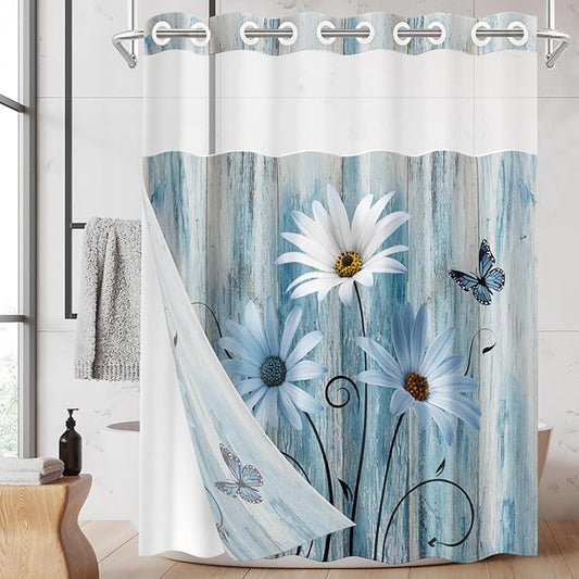 No Hook Blue Daisy Shower Curtain with Snap in Fabric Liner Set, Wooden Boards Double Layers Waterproof Fabric with See Through Top Window Open Grommet Bath Curtain 71x74 Inch