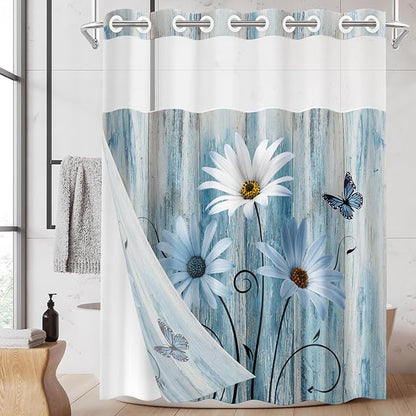 No Hook Blue Daisy Shower Curtain with Snap in Fabric Liner Set, Wooden Boards Double Layers Waterproof Fabric with See Through Top Window Open Grommet Bath Curtain 54x80 Inch