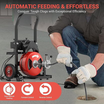 75 ft 1/2 in Cable Drain Cleaning Machine, 450W Auto Feed Portable Electric Sewer Snake, Electric Drain Auger with 6 Cutter Air-Activated Foot Switch for 2 in to 4 in Pipes