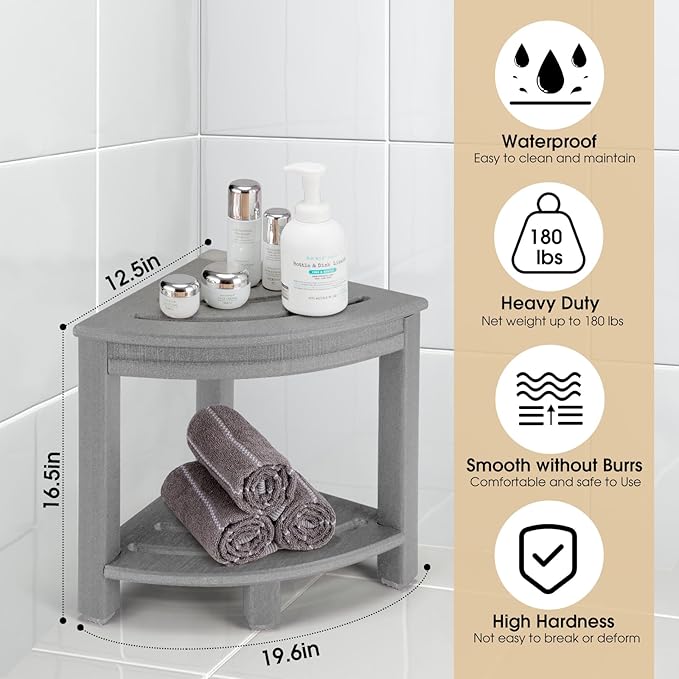 HDPE Corner Shower Stool,Shower Bench Seat with Storage Shelf for Shaving Legs Plastic Spa Bath Step Foot Rest for Bathroom Small Place (Grey)