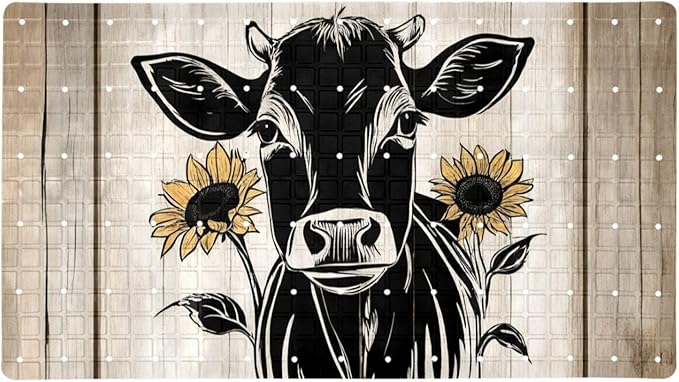 Bath Tub and Shower Mats, Non Slip Bathmat with Drain Holes and Suction Cups for Bathroom Floor, 15.1 x 26.8 Inch (Farm Animal Cow with Sunflowers on Wooden Background)