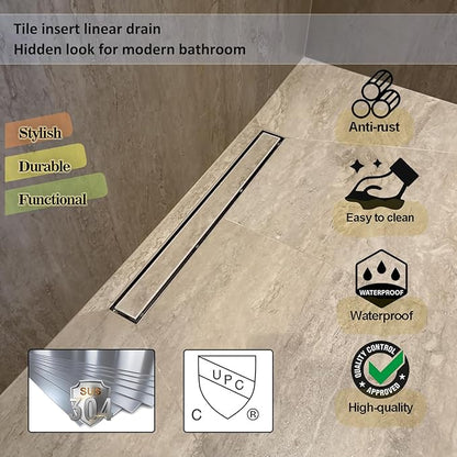 Neodrain 32-Inch Linear Shower Drain with Tile Insert Grate, Professional Brushed 304 Stainless Steel Rectangle Shower Floor Drain Manufacturer, Floor Shower Drain with Shower Drain Base