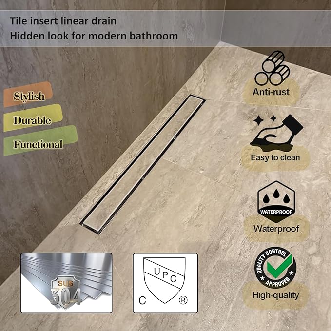 Neodrain 18-Inch Linear Shower Drain, Brushed 304 Stainless Steel, Silver, Modern Style, Removable Grate, Adjustable Feet, 2" Central Outlet, 36 L/min Flow, Fits US No-Hub Drain Base System