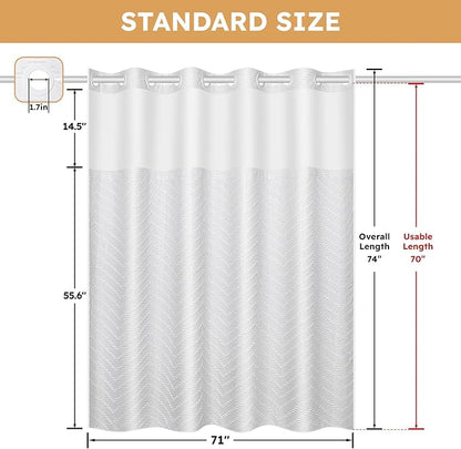 No Hook Shower Curtain and Snap in Liner Set White Tufted Chevron Striped Cloth Waterproof Washable Fabric Boho Bath Curtain with See Through Mesh Top Window for Bathroom Hotel 71" x 74"