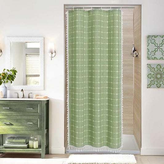 MitoVilla Boho Small Stall Shower Curtain 36 x 72, Sage Green Half Size Narrow Polyester Linen Tassel Cloth Fabric Shower Curtains for Chic Modern Farmhouse Country Bathroom Decor