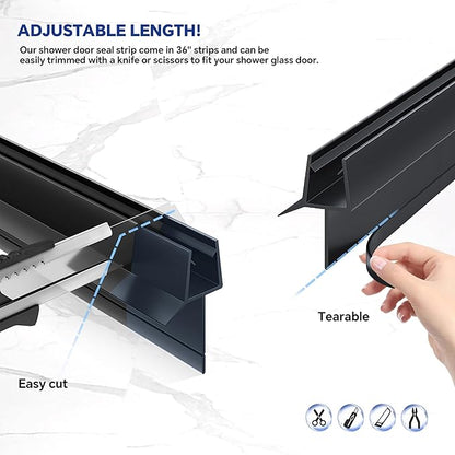 2-Pack Frameless Shower Door Bottom Seal (3/8" X 36") Clear Glass Seal Strip Shower Door Sweep - Stop Shower Leaks, Black