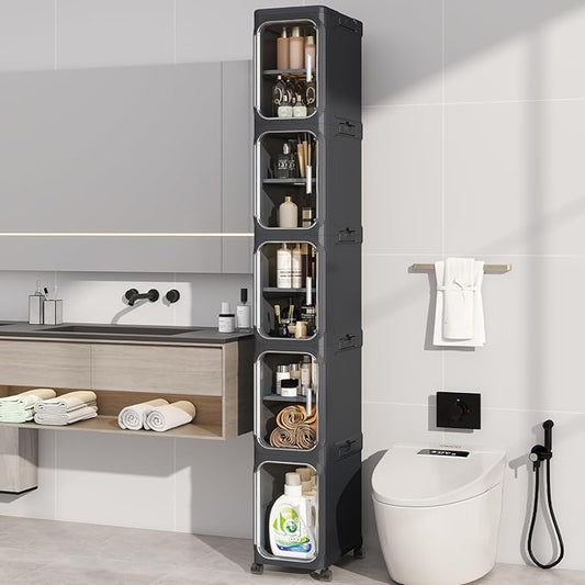 KHNR 5-Tiers Slim Bathroom Storage Cabinet, Foldable Storage Cabinets,Narrow Bathroom Storage,Movable Bathroom Storage Organizer for Small Spaces,Bathroom,Kitchen,Laundry,Black