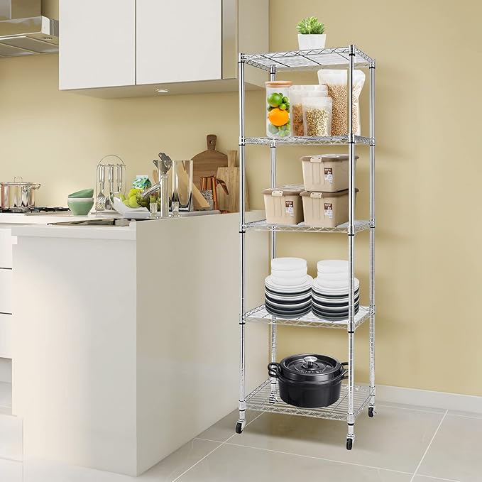 BNSPLY 5 Tier Narrow Wire Shelving Unit with Wheels, Height Adjustable Wire Shelves with NSF Certified, Mobile Metal Storage Rack for Kitchen, Laundry, Bathroom (17.7" D x 23.6" W x 71" H, Chrome)
