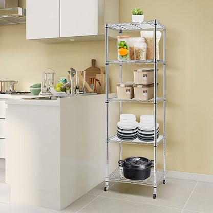 BNSPLY 5 Tier Narrow Wire Shelving Unit with Wheels, Height Adjustable Wire Shelves with NSF Certified, Mobile Metal Storage Rack for Kitchen, Laundry, Bathroom (17.7" D x 23.6" W x 71" H, Chrome)