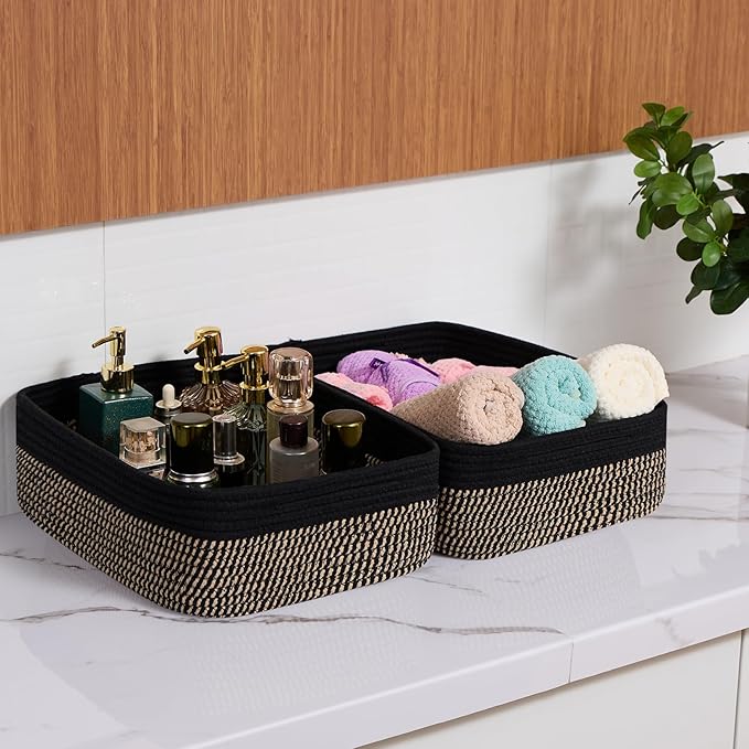 Large Shallow Organizing Baskets 15x11x5.1 Inches - Rope Woven Storage Bins for Bathroom, Shelves, Cube Closet, Black Woven Brown 4 Packs