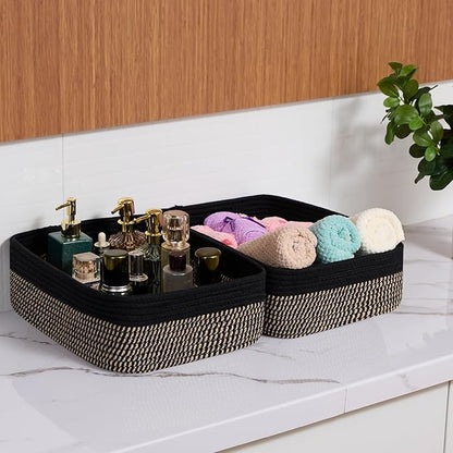 Large Shallow Organizing Baskets 15x11x5.1 Inches - Rope Woven Storage Bins for Bathroom, Shelves, Cube Closet, Black Woven Brown 4 Packs