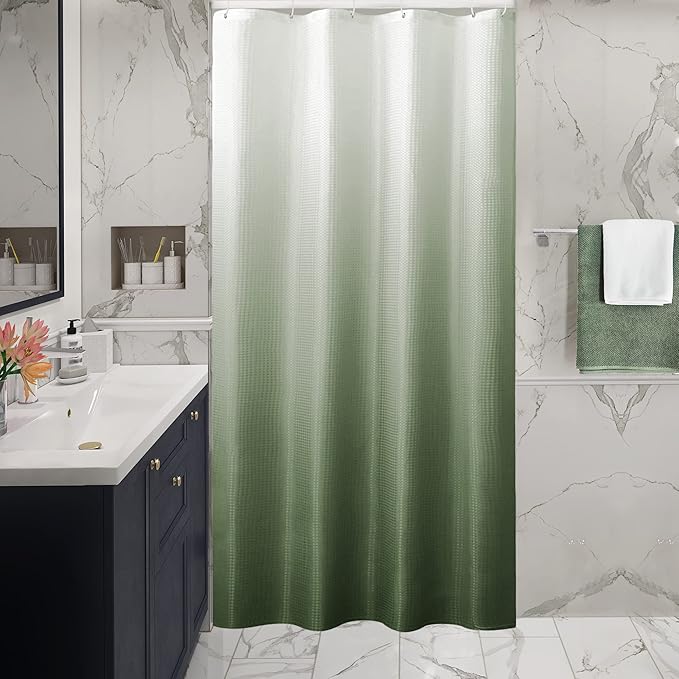 Gibelle Small Stall Shower Curtain 36 x 72, Narrow Half Sage Green Ombre Shower Curtain for Bathroom, Waffle Weave Fabric Shower Curtain Set with Hooks, Water Repellent, Machine Washable
